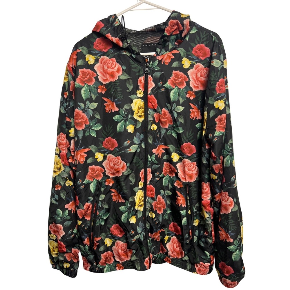 Copper Rivet Denim Factory‎ Floral Rose Windbreaker Jacket Black Red L Mens